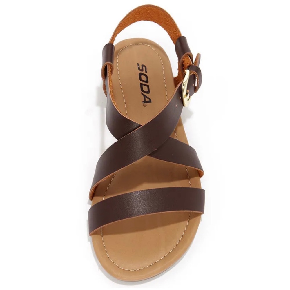 SODA • Borgo Brown/Tan Ankle Strap Flat Sandals, 7.5